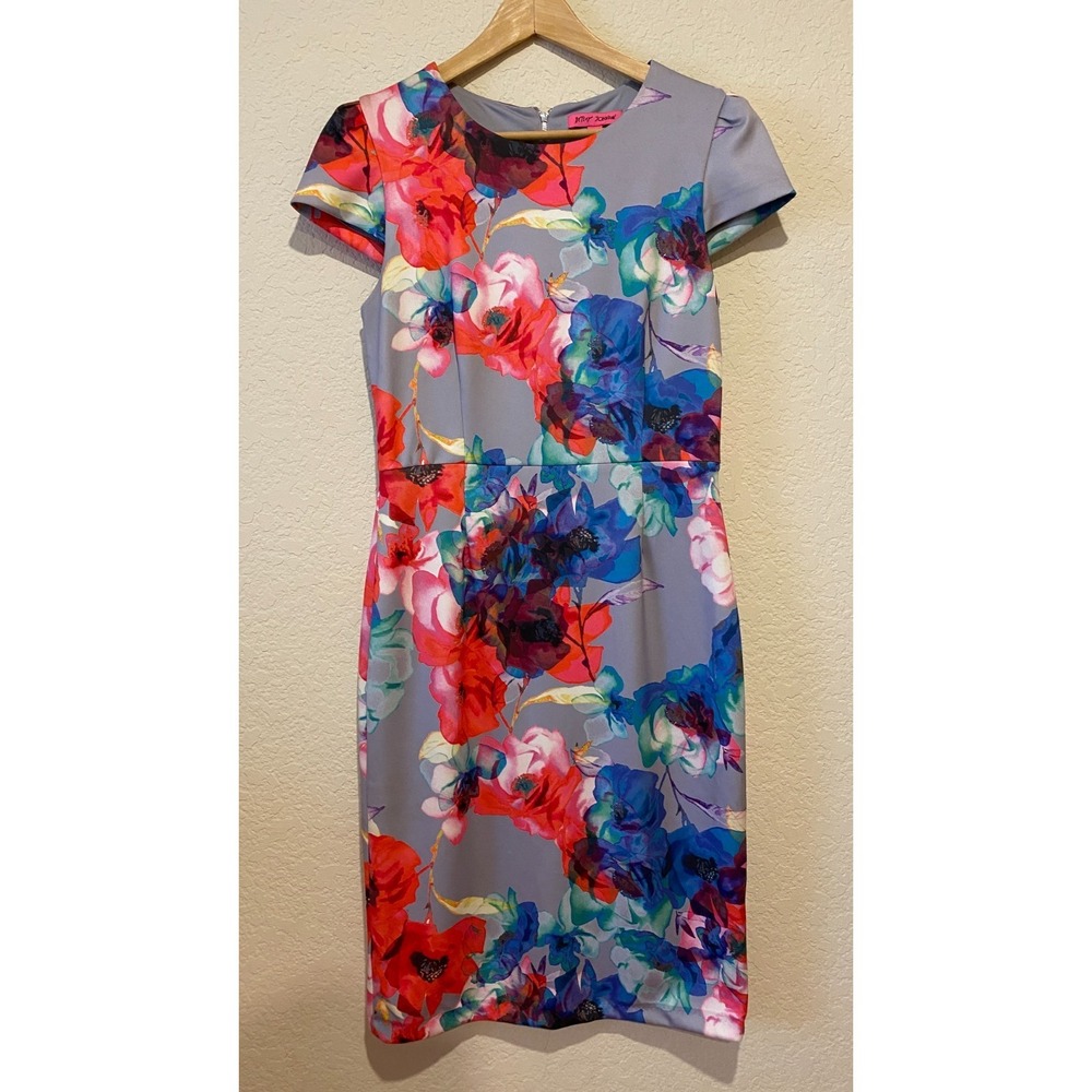 Betsey Johnson Floral Shift Dress Size 10 Cap Sleeve Gray Multicolor Retro‎